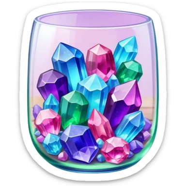 Close-up of vibrant, multicolored crystals growing in a glass container on a wooden table. Crystals in shades of purple, blue, green, pink, and clear are forming in various shapes and sizes. Soft light shines on them. Cozy indoor setting with plants and soft decor in the background. sticker