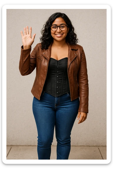A woman with light brown skin, wavy black hair, and square-shaped glasses. She wears a black corset dress with a brown leather jacket, blue jeans, and brown ankle boots, waving hello. sticker