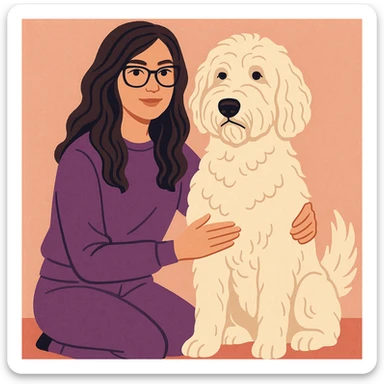 brunette female with glasses in a purple outfit and her large white or cream colored goldendoodle, modern illustration style sticker