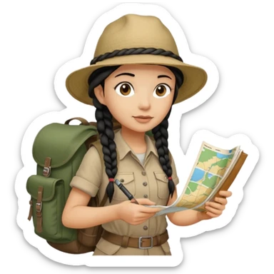 A braid black hair backpacking woman checking her map with curious eyes while walking with camping hat and dirt covered bootsfull body sticker