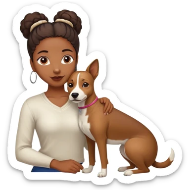 smart, 30 year old, brown African girl, back bun hairstyle, with one big white brown dog sticker