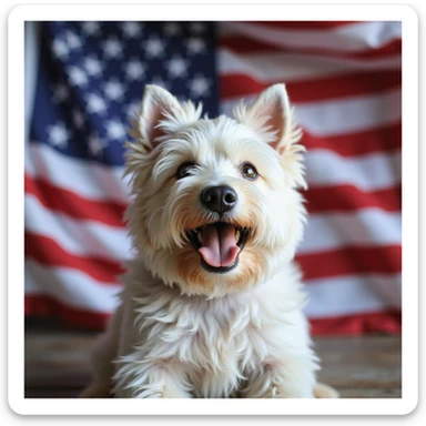 white Westie dog joyfully waving a United States flag with realistic fur and flag details sticker