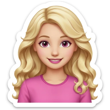 blonde girl, long wavy hair, pink clothes, trendy heavy makeup, smiling sticker