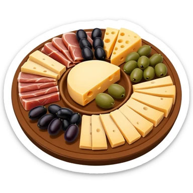 A 3D cartoon platter of assorted deli items like sliced meats, cheese, and olives, colorful and appetizing, Memoji-style. sticker
