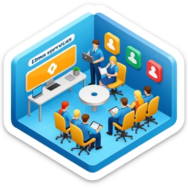 isometric, image of employee services, case management, crew operations integrating together as processes and systems sticker