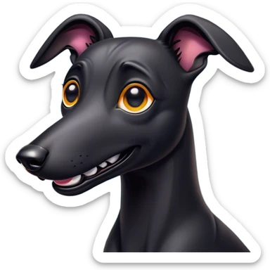 Cinematic Comical Black Greyhound Portrait Emoji, Head tilted dramatically with an exaggeratedly amused expression, featuring a glossy jet-black Fur and wide, expressive dark eyes filled with playful disbelief, Simplified yet hilariously expressive features, highly detailed, glowing with a slightly sassy glow, high shine, dramatic yet playful, stylized with an air of cheeky mischief, bright and endearing, soft glowing outline, capturing the essence of a spirited and over-the-top racer, so meme-worthy it feels like it could side-eye its way into internet fame instantly! sticker