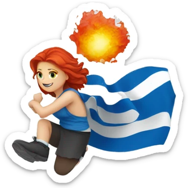 a red hair female  summitting ice peak with greek flag sticker