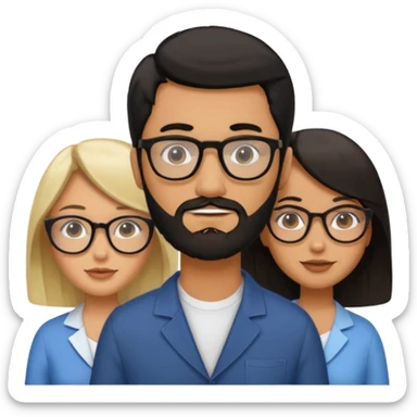 A man with hair and glasses and  a woman with long brown hair and a man with a beard and a woman with a blonde bob sticker