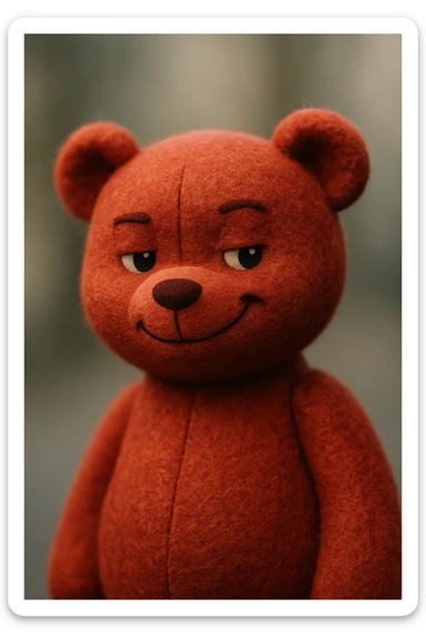 red teddy bear smirking, soft and plushy look sticker