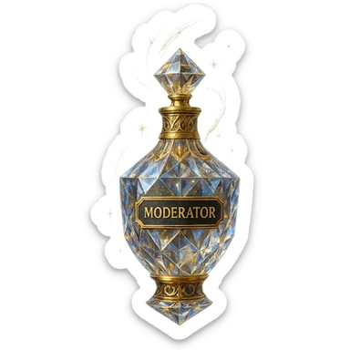 premium class crystal elixir bottle with the inscription 'Moderator', lots of shining, facets, ornaments, golden details, magical effects, very small golden neck, transparent background, beautiful seamless bottom, bottle clearly floating in the air without base or shadow, very luxurious, modern, matching the collection sticker