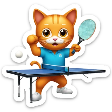 orange cat full body  playing table tennis with a racket and a ball at the table sticker
