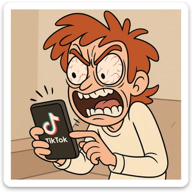 red-haired character frantically scrolling on a phone, TikTok logo visible, exaggerated crazy face, animated style sticker