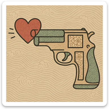 heart gun, ukiyo-e style, traditional Japanese illustration sticker