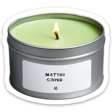 minimal matcha scented lit candle in small silver tin with realistic label sticker