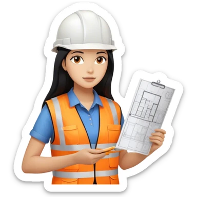 Female civil engineer with long black hair wearing white helmet and an orange safety vest looking at drawing plan on her hand  sticker