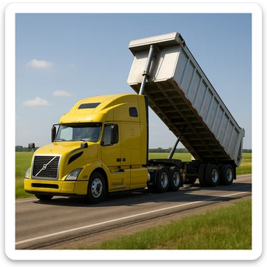 ultra-realistic Volvo yellow semi sleeper truck and silver end dump trailer, trailer tilted up as if dumping, driving left down a photorealistic country road with grassy fields and blue sky sticker