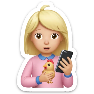 Make a chicken with a blonde wig that has a cell phone and is watching Peppa Pig sticker