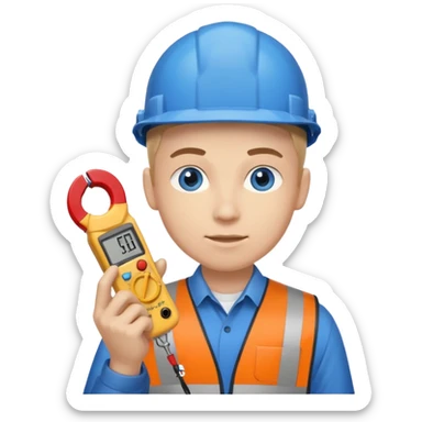 La tercera imagen pero ojos azules, y que lleve en manos una pinza amperimetrica sticker