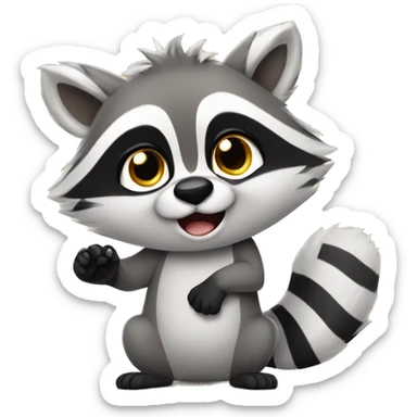 A cute fluffy raccoon waves his paw and greets sticker