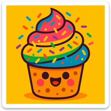 muffin with colorful whipped cream swirl and rainbow sprinkles, cheerful and bright sticker