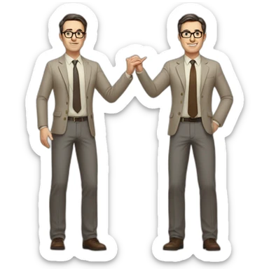 Full height Actively gesturing with hands Pale skinned fit man with dark brown hair in gray jacket, beige office shirt, brown tie, brown pants and vintage glasses. sticker