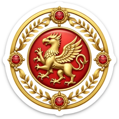 Golden griffin crest / brosch in a circle with red gems and no background sticker