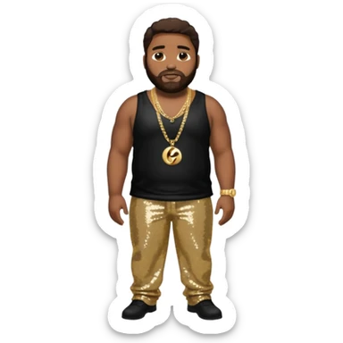 Gerald Levert with dark brown hair, black sequin baggy pants, shirtless with necklace sticker