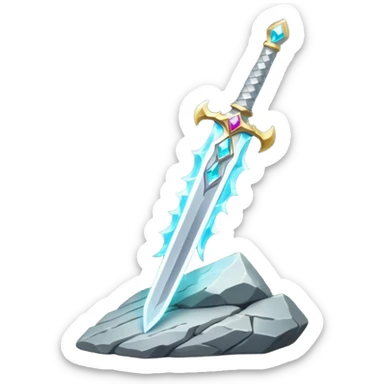 Shining silver sword with jeweled hilt, stuck in a stone, glowing aura.  sticker