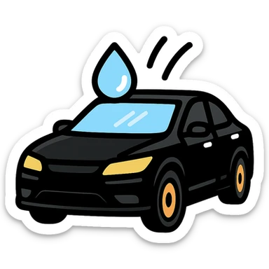 full high-end vehicle icon with glossy black mirror-like paint, water droplet sliding on the hood or roof, subtle repellent effect with water lines moving away, modern and clean style sticker