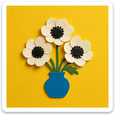 bouquet of white and black anemone flowers in a blue ceramic vase, yellow background sticker