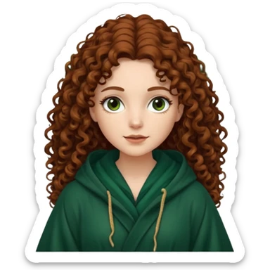 A white woman, a little thicker, with long dark auburn hair robed and hooded like she's a Traitor in the tv show The Traitors. her hair is mostly curly (kinda frizzy, not clean curls) and the robe is a dark dark forest green color sticker
