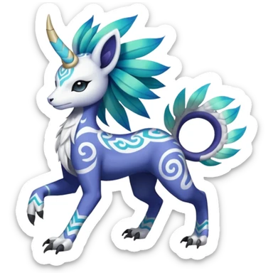 Tropical Tiny Marked Patterned Tribal Colorful Skilled Adept Graceful Asian Painted Garurumon-Meloetta-Absol-Suicune-Cobalion-fusion-hybrid-creature (full body) sticker