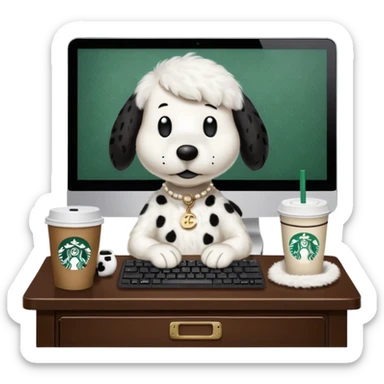 snoopy in a desk with starbucks and his chanel purse sticker