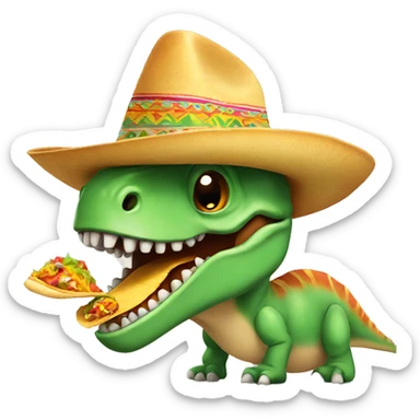 Dinosaur with a mustache wearing a sombrero eating a taco sticker