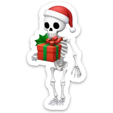 Skeleton body holding a Christmas present sticker