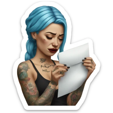 Hyper Realistic Beautiful tattooed woman crying holding a letter  sticker