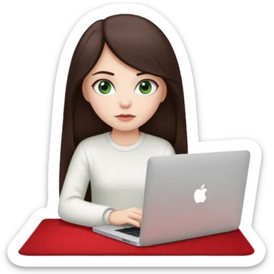 Long dark brown haired, white skinned, dark green eyed girl in white clothes girl sitting in macbook with a red carpet  sticker
