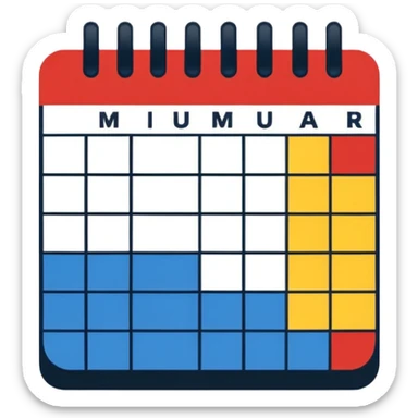 Flat icon, bright rectangular background with abstract color blocks (blue, yellow, red), black silhouette of a calendar grid, small musical notes around it, style of performing arts college logo, clean bold shapes, no gradients, high contrast, dynamic artistic composition. sticker