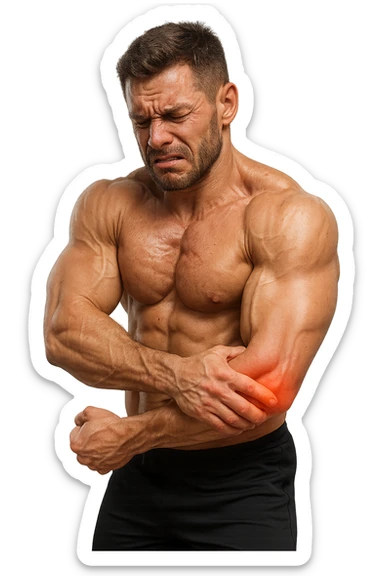 BODYBUILDER CHE HA DOLORI Al gomito, SI è INFORTUNATO CON L'ALLENAMENTO, iperrealistico 4k sticker
