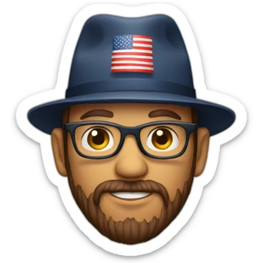 A red haierd man with glasses and beard wearing an american hat sticker