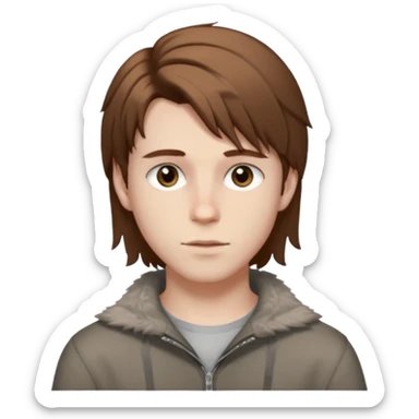 A young white boy with brown hair and eyes, with slightly long, straight and disheveled hair with wolfcut haircut, Make it look aesthetic, it's a trans boy sticker