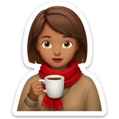 a girl with brown short hair, having red scarf, drink coffee, enjoy sticker