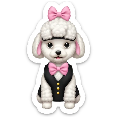 Caniche blanca con chaleco negro con un moño rosa sticker