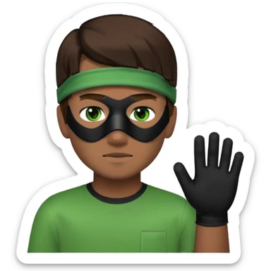 Chico de pelo marrón, ojos verdes y la mitad de la cara color gris ceniza. Con un cubre bocas negro, que tiene una camisa verde por encima de una remera blanca, y tiene un guante negro en una sola de las manos. Estilo minecraft sticker