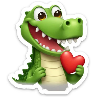 Cute cartoon crocodile holding a red heart, blushing and smiling warmly, simple and charming design  sticker