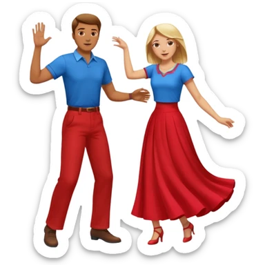 Two people dancing. Man in red shirt and  red pants with brown hair. Women in blue shirt and long skirt with blond hair. Dancing. sticker