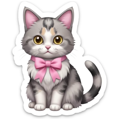 Sitting Dilute grey calico cat with pink ribbon sticker