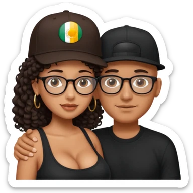 A picture of an embracing tanned couple. the man is a Mexican man with tanned skin, with a bald hair cut wearing a SnapBack hat and a black shirt. the woman has glasses on with long curly dark brown hair and with big boobs.  sticker