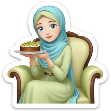 Turkish beautiful finish Konya girl blue eyes with pastel hijab long tail dress and sits on the chair and holds pistachios cake with her hand  sticker