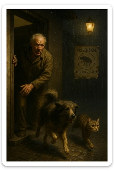 Un uomo anziano in tuta da lavoro, con espressione angosciata, tiene aperta la porta di casa mentre il suo cane (un meticcio a pelo lungo) e il gatto (soriano) scappano nella strada buia sotto la pioggia. Particelle di polvere/pulci fluttuano nell'aria illuminata dal lampione. Sullo sfondo, un poster strappato del veterinario con scritto 'Prevenzione antiparassitaria'. Stile fotorealistico, illuminazione Caravaggesca, toni grigi e ocra. in italiano sticker